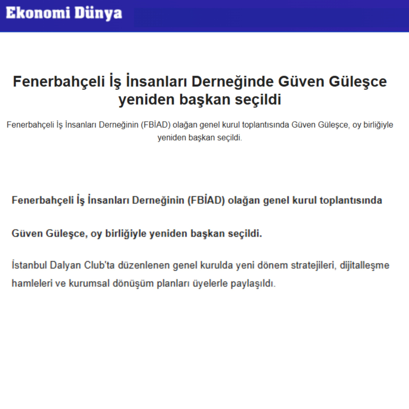 Fenerbahçeli İş İnsanları Derneğinde Güven Güleşce Yeniden Başkan Seçildi
