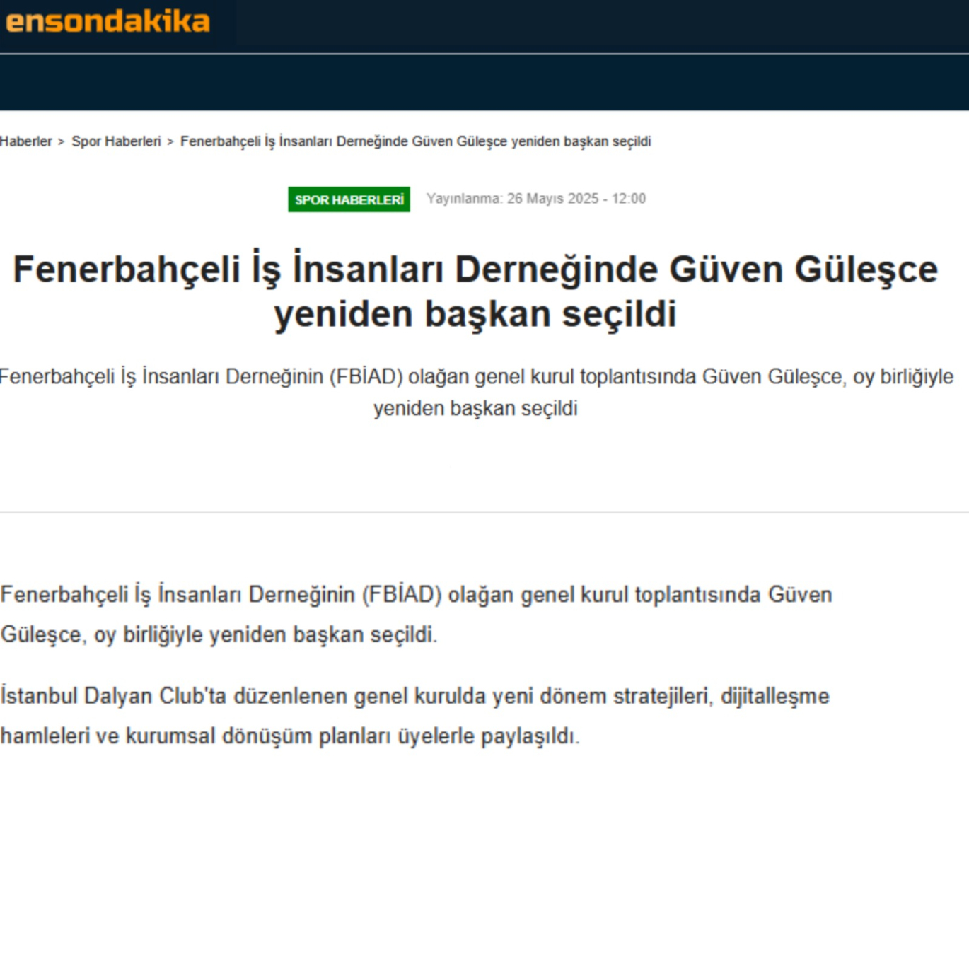 Fenerbahçeli İş İnsanları Derneğinde Güven Güleşce Yeniden Başkan Seçildi
