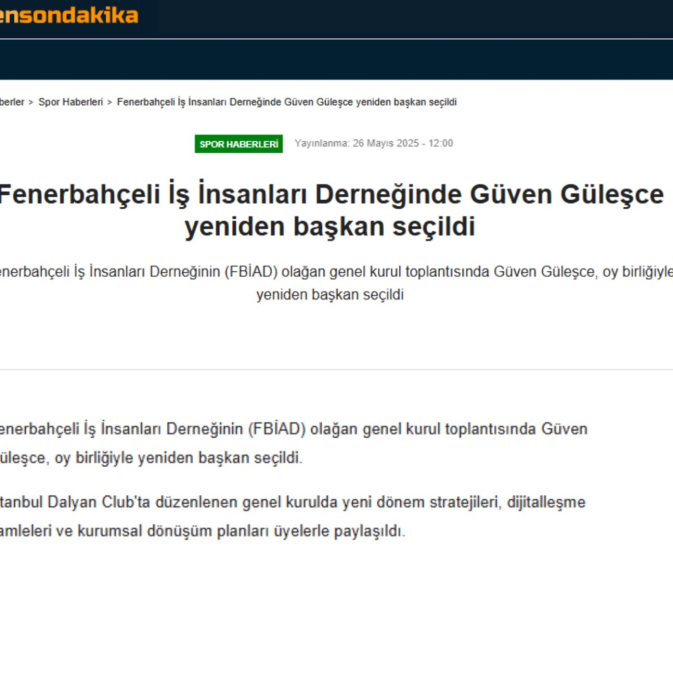Fenerbahçeli İş İnsanları Derneğinde Güven Güleşce Yeniden Başkan Seçildi